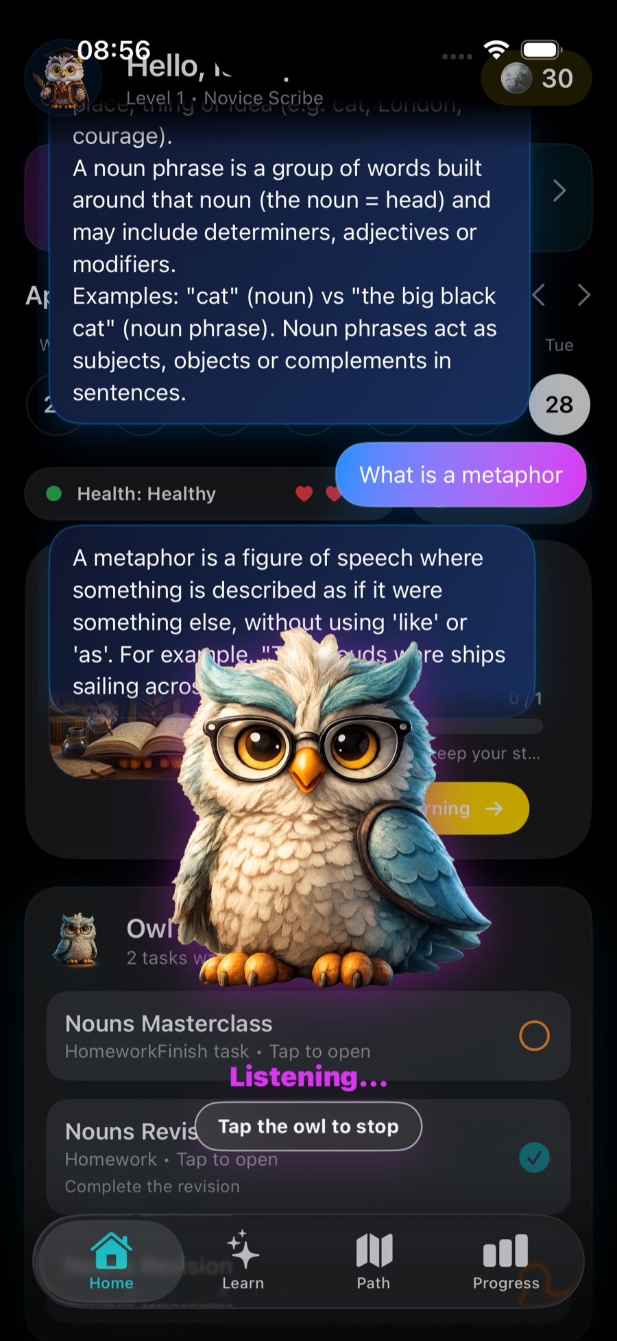 TopMarks AI tutor listening on the home screen